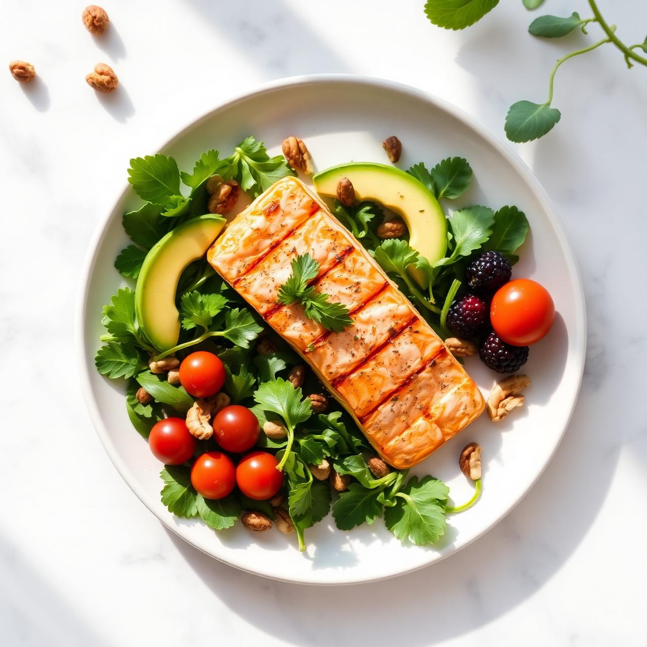 Personalized keto meal: grilled salmon, avocado, greens, tomatoes